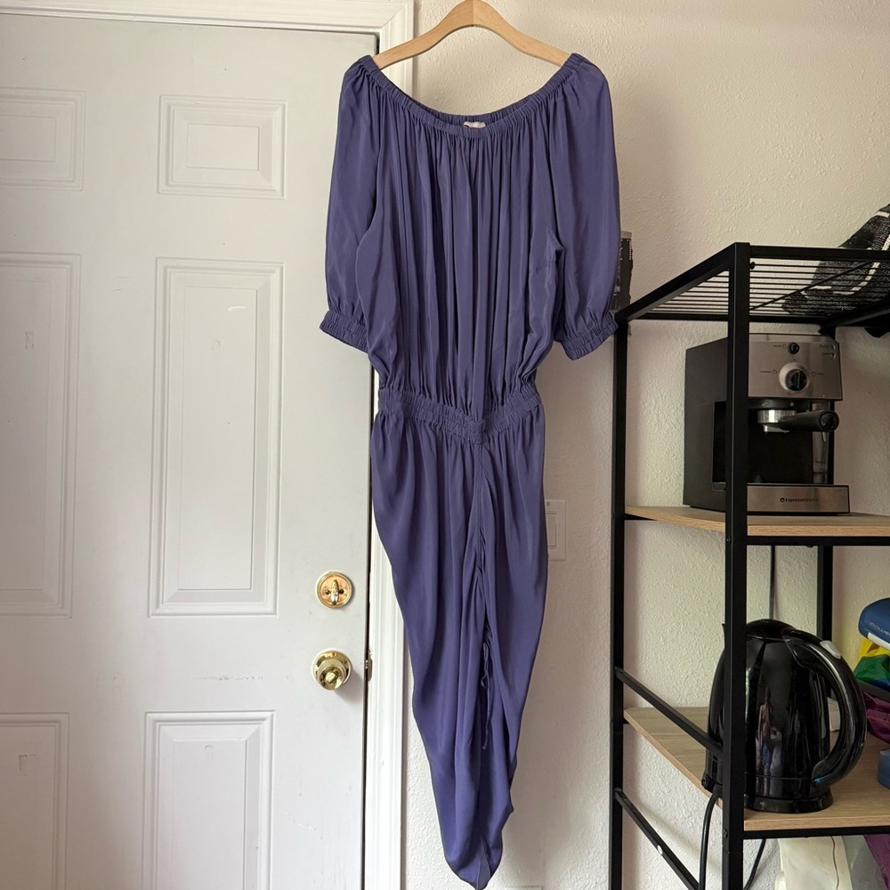 Lanvin vintage silk lavender lilac puff short sleeve off shoulder draped‎ midi